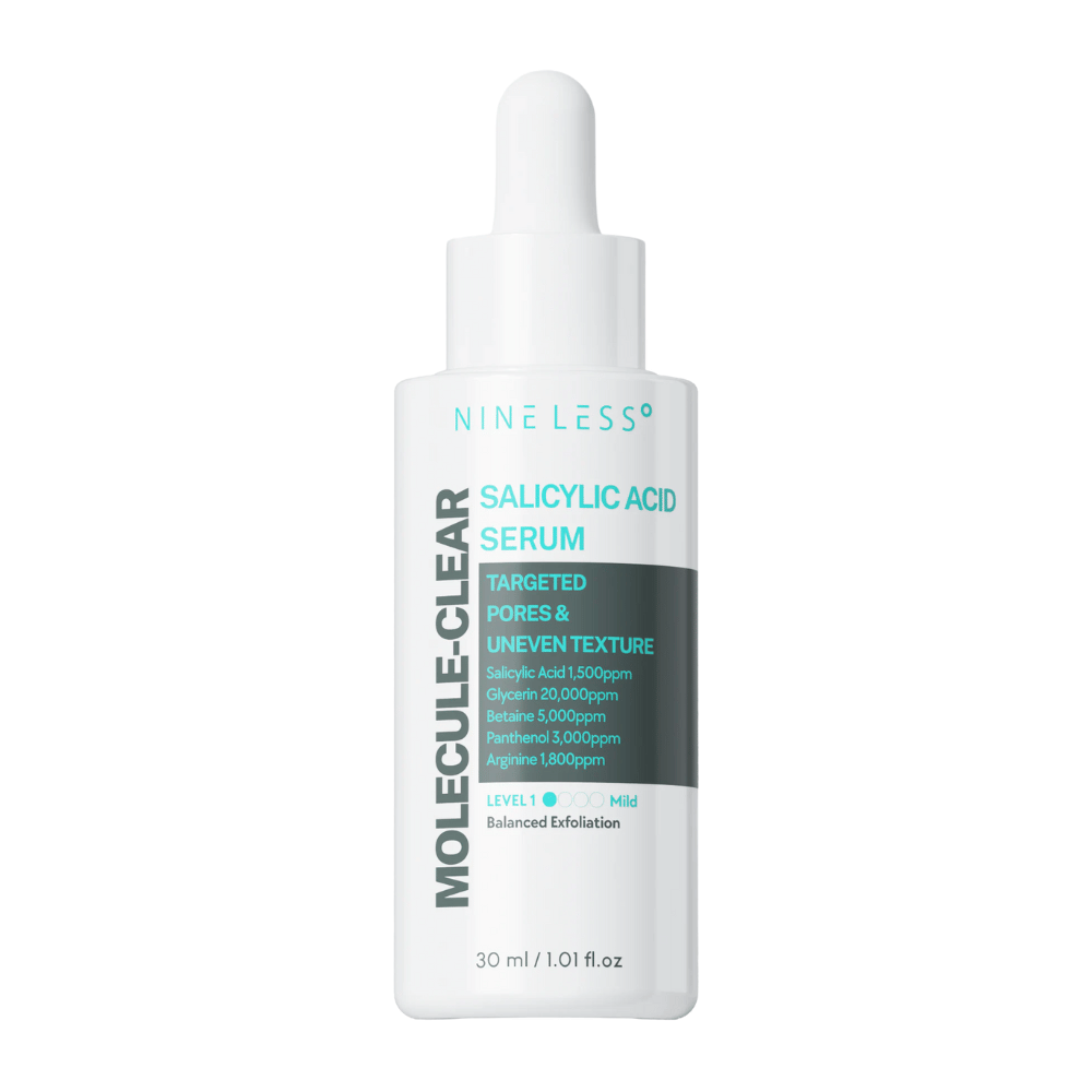 Nineless Molecule-Clear Salicylic Acid Serum 30 ml – kuoriva seerumi, joka sisältää BHA:ta, glyseriiniä, betaiinia ja pantenolia, pienentää huokosia, tasoittaa ihon rakennetta ja kosteuttaa.