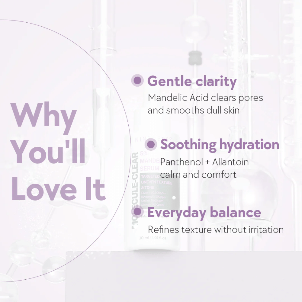 Grafiikka, jossa on teksti, joka selittää Nine Less Molecule-Clear 5% Mandelic Acid Serum:n edut: mieto kirkkaus, rauhoittava kosteutus ja päivittäinen ihon tasapaino.