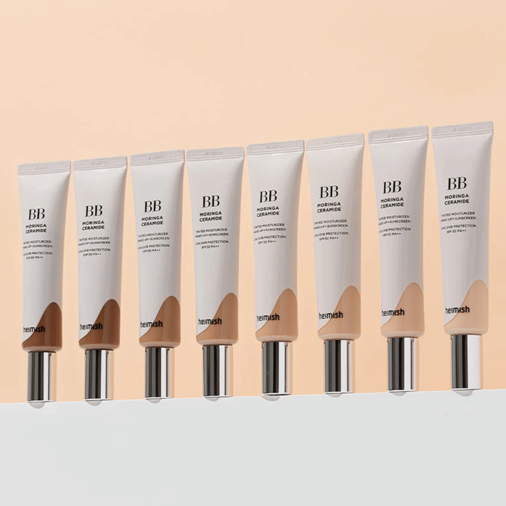 Rivi tuotteita Heimish Moringa Ceramide BB Cream useissa värisävyissä. Kuva havainnollistaa vaihtelua vaaleammista tummempiin sävyihin, jotta ne sopivat eri ihonsävyihin ja tarpeisiin.