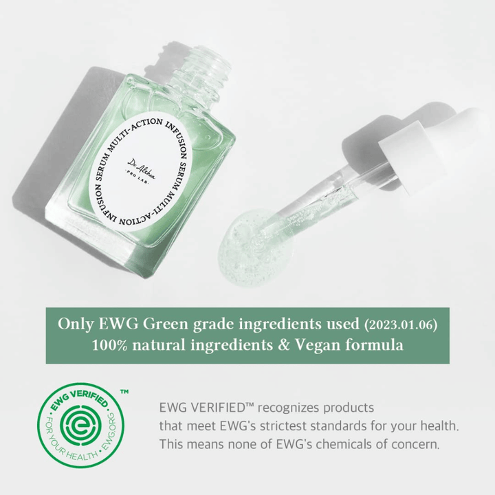 Dr. Althea Multi Action Infusion Serum vegaanisella koostumuksella ja EWG-sertifioiduilla ainesosilla, hellävarainen herkälle iholle ja ilman haitallisia aineita.