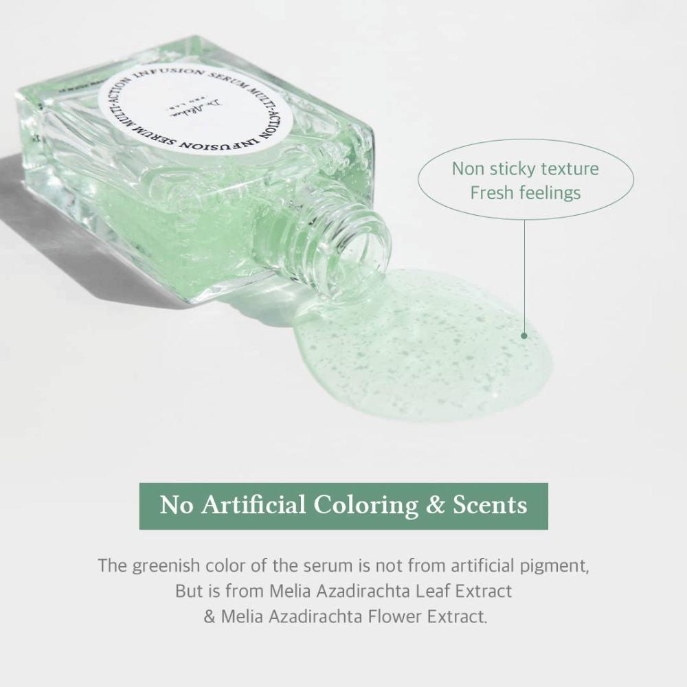 Dr. Althea Multi Action Infusion Serum kevyellä, raikkaalla koostumuksella ilman tahmeaa tunnetta, rikastettu luonnollisilla ainesosilla ja ilman hajusteita.