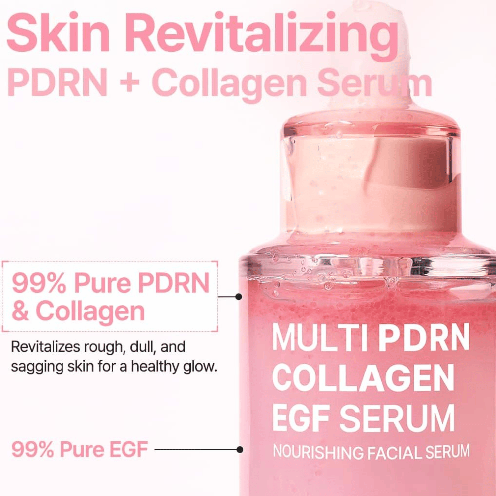 Purito Multi PDRN Collagen EGF Serum, jossa on PDRN, kollageenia ja EGF:ää hehkua, elastisuutta ja elvyttävää ihonhoitoa varten.
