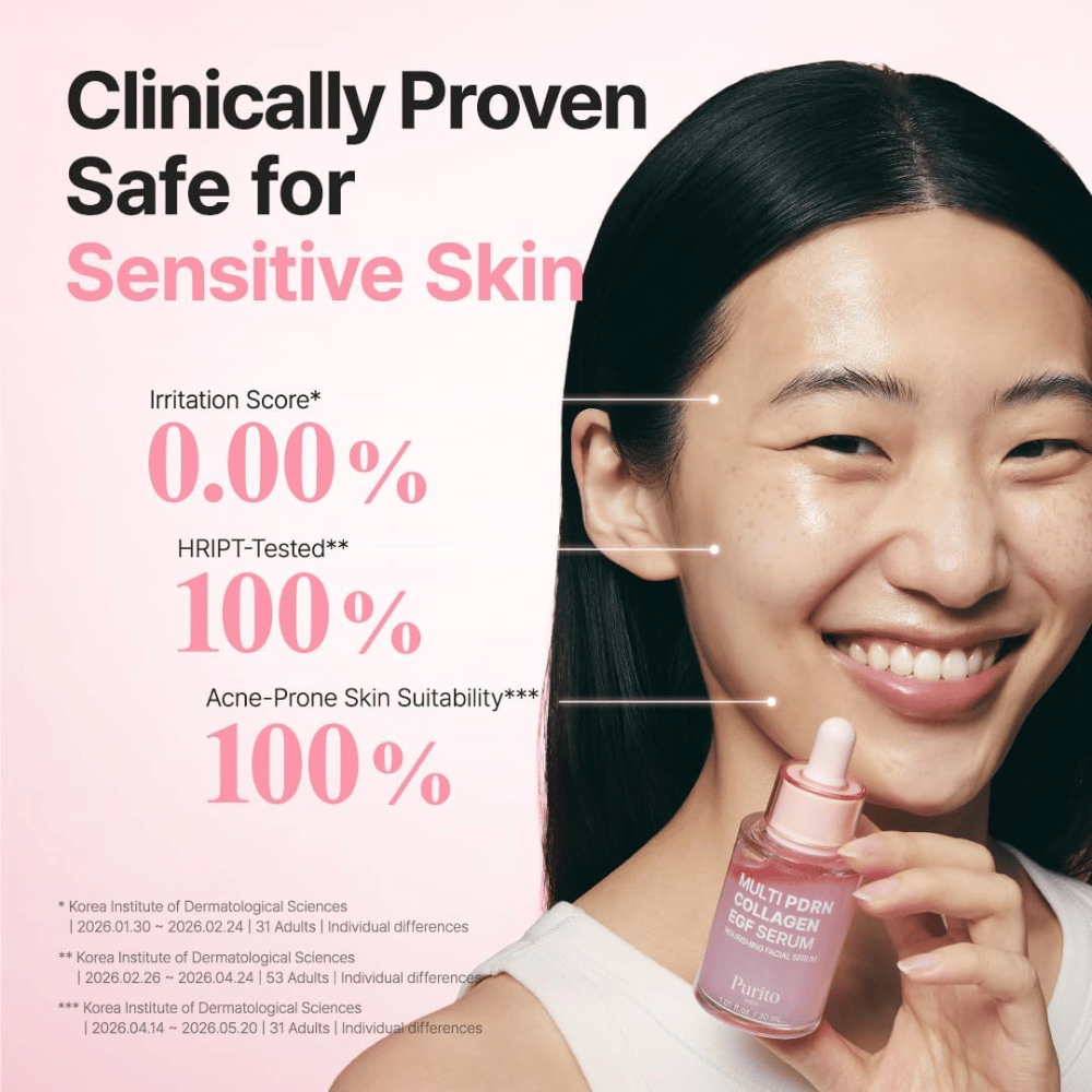 Purito Multi PDRN Collagen EGF Serum – kliinisesti testattu seerumi, joka sopii herkälle ja akneen taipuvaiselle iholle.