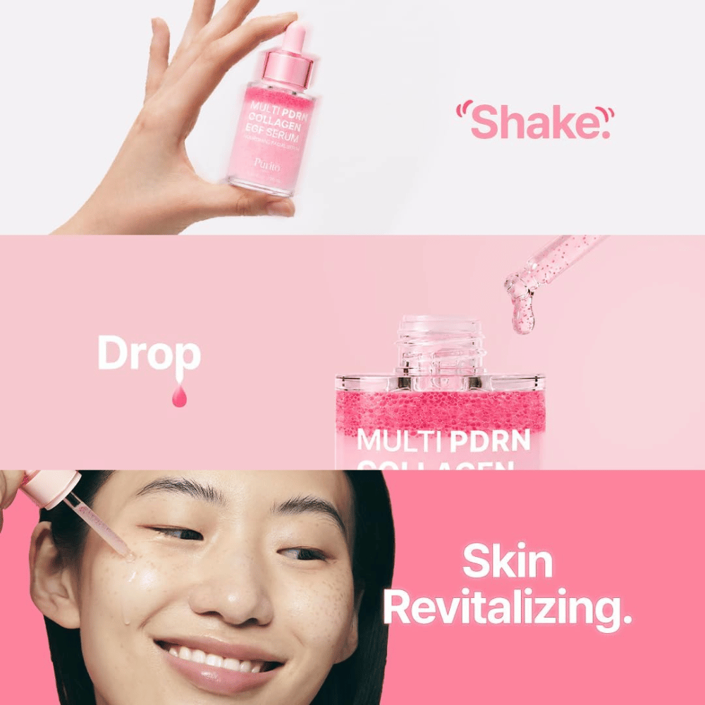 Purito Multi PDRN Collagen EGF Serum – vaaleanpunaisen seerumin levitys kosteutettua ja elvytettyä ihoa varten.