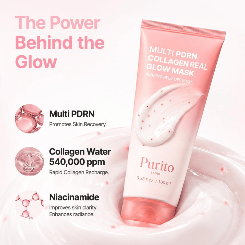 Purito SEOUL Multi PDRN Collagen Real Glow Mask – peel-off-naamio, jossa on PDRN, kollageenivettä ja niasiiniamidia hehkua varten