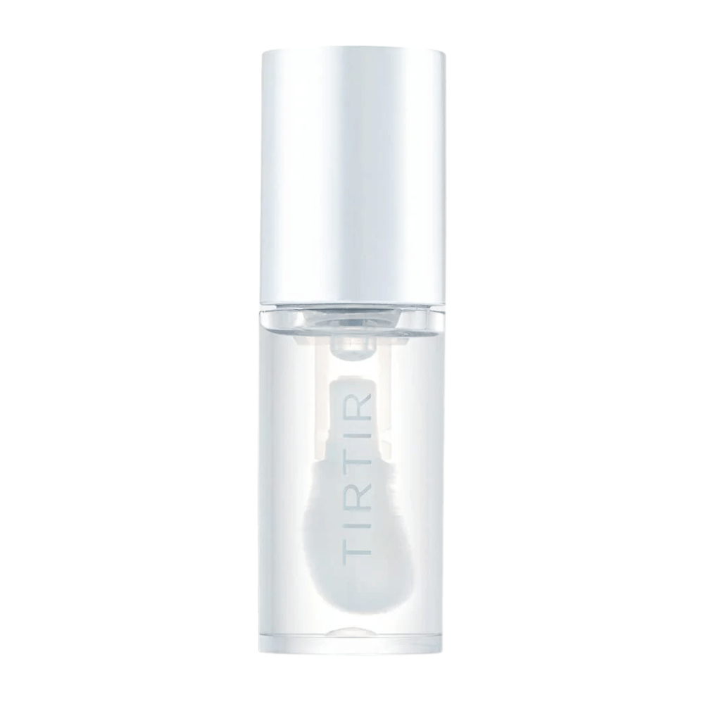 TIRTIR My Glow Lip Oil läpinäkyvässä pullossa valkoisella kannella ja minimalistisella muotoilulla, irrotettuna valkoista taustaa vasten.