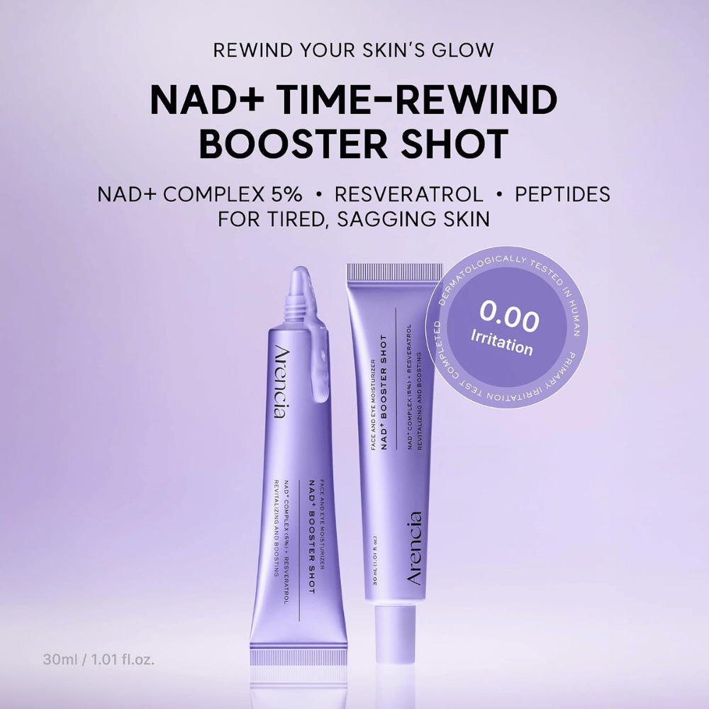 Arencia NAD+ Booster Shot 5 % NAD+ Complexia, resveratrolia ja peptidejä sisältävä – dermatologisesti testattu kasvovoide väsyneelle ja ikääntyvälle iholle.