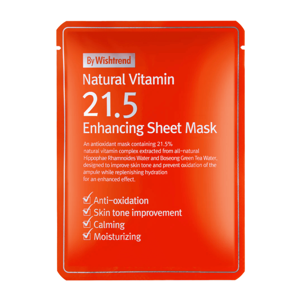 By Wishtrend Natural Vitamin 21.5% Enhancing Sheet mask punaisessa pakkauksessa, jossa on valkoinen teksti, korostaen sen antioksidanttisia ja kosteuttavia ominaisuuksia.