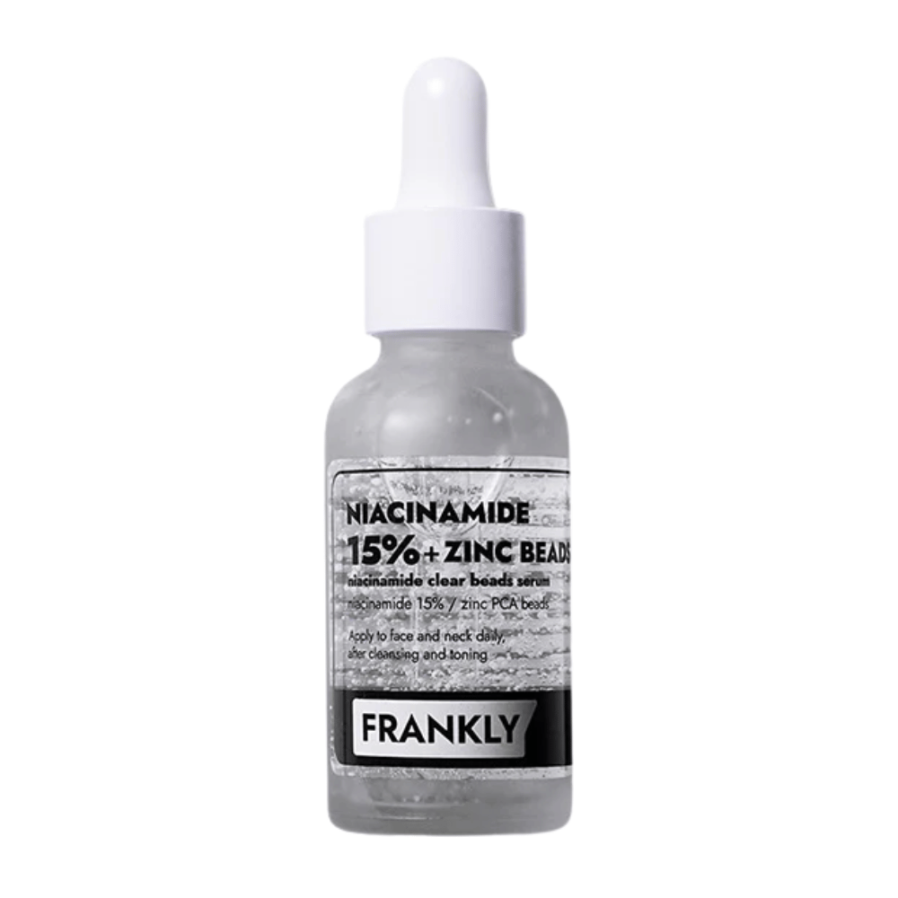 Tuotekuva FRANKLY Niacinamide 15% + Zinc Beads Serumista lasipullossa pipetin kanssa. Seerumi, joka tasapainottaa, rauhoittaa ja parantaa ihon kirkkautta.