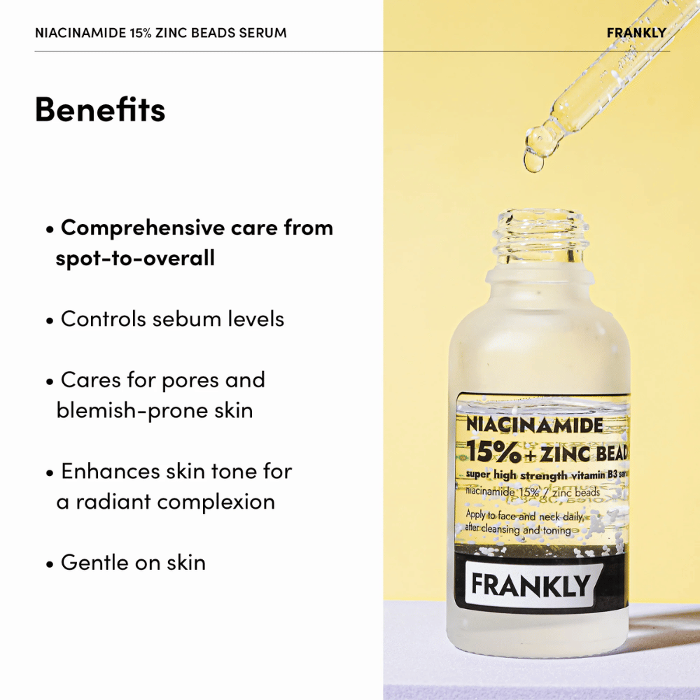 Pullo FRANKLY Niacinamide 15% + Zinc Beads Serumia keltaisella taustalla. Teksti listaa Edut: tasapainottaa talia, vähentää huokosia ja tasoittaa ihon sävyä.