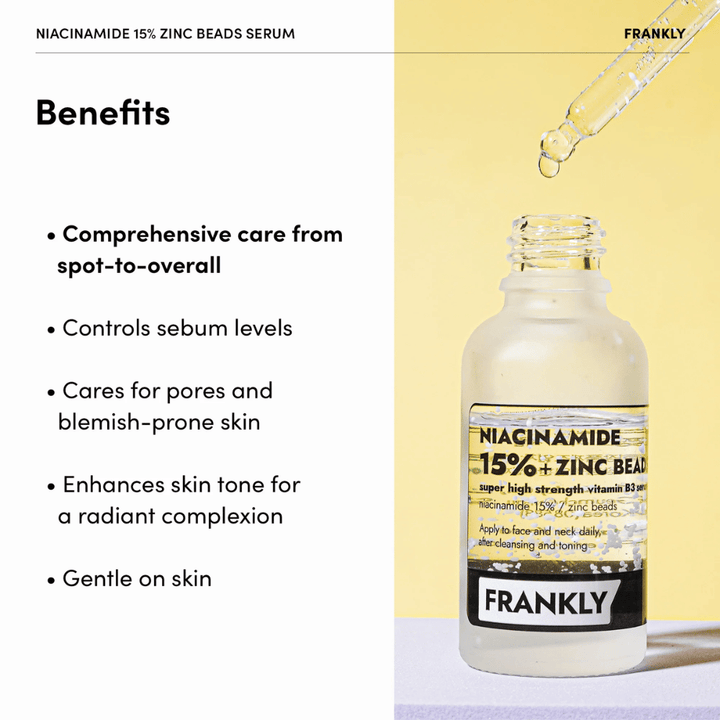 Flaska med FRANKLY Niacinamide 15% + Zinc Beads Serum på gul bakgrund. Text listar fördelar: balanserar talg, minskar porer och jämnar hudton.