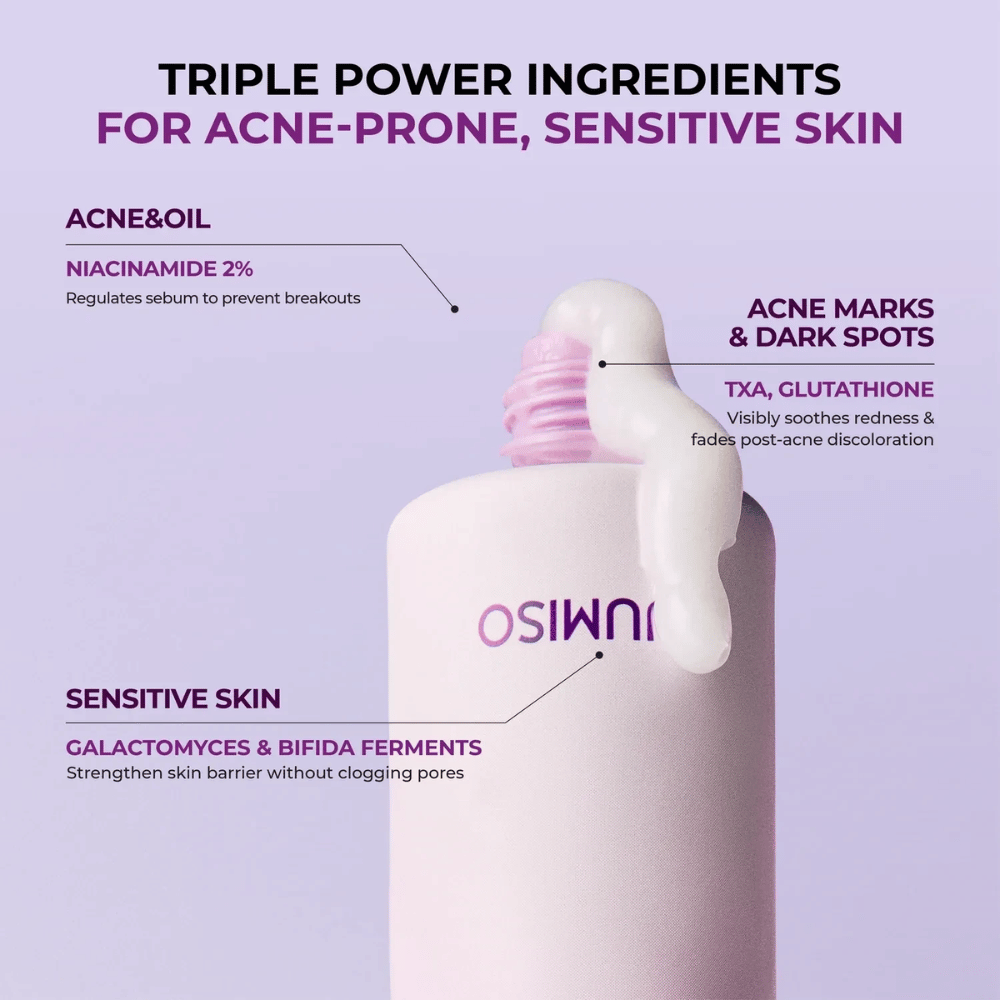 Infografiikka, joka esittelee tuotteen tärkeimmät ainesosat ja niiden toiminnot. Niasiiniamidi auttaa säätelemään talintuotantoa, traneksaamihappo ja glutationi edistävät tasaisempaa ihonsävyä, kun taas galactomyces ja bifida-fermentti vahvistavat ihon suojamuuria.