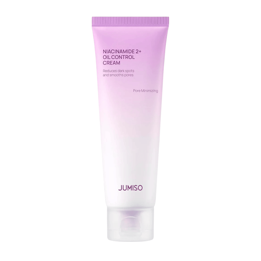 Tuotekuva tuotteesta JUMISO Niacinamide 2+ Oil Control Cream vaaleaa taustaa vasten. Vaaleanpunainen ja valkoinen tuubi korostaa tuotteen keskittymistä talinerityksen hallintaan, ihohuokosten pienentämiseen ja ihonsävyn parantamiseen rasvaiselle ja sekaiholle.