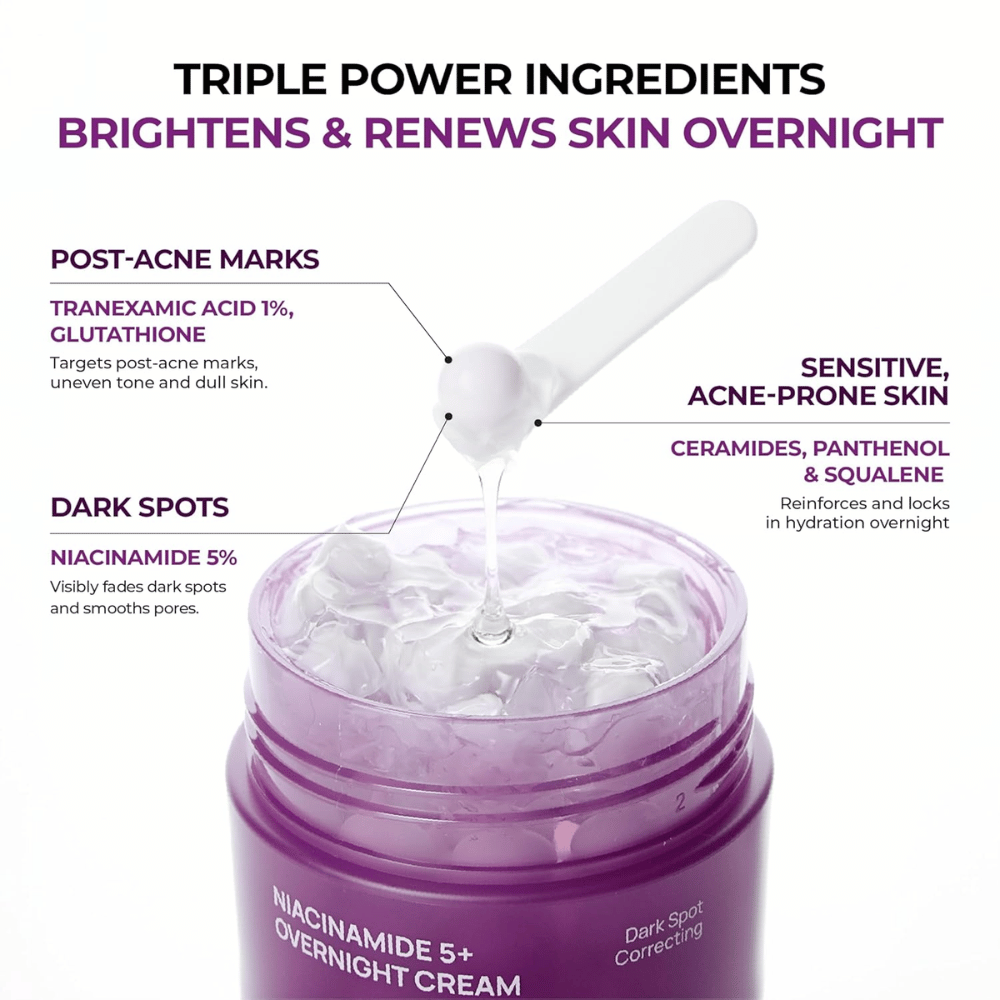 Lähikuva JUMISO Niacinamide 5+ Overnight Cream kapseligeelin ja aktiivisten ainesosien, kuten niasiiniamidin, traneksaamihapon, glutationin, keramidin, pantenolin ja squalane kanssa hehkua ja kosteutusta varten.