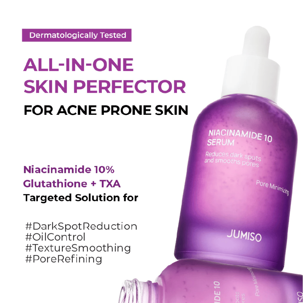 Jumiso Niacinamide 10 Serum – kaikki-yhdessä-seerumi akneen taipuvaiselle iholle, joka sisältää 10 % niasiiniamidia, glutationia ja TXA:ta, vähentää tummia läiskiä ja huokosia.