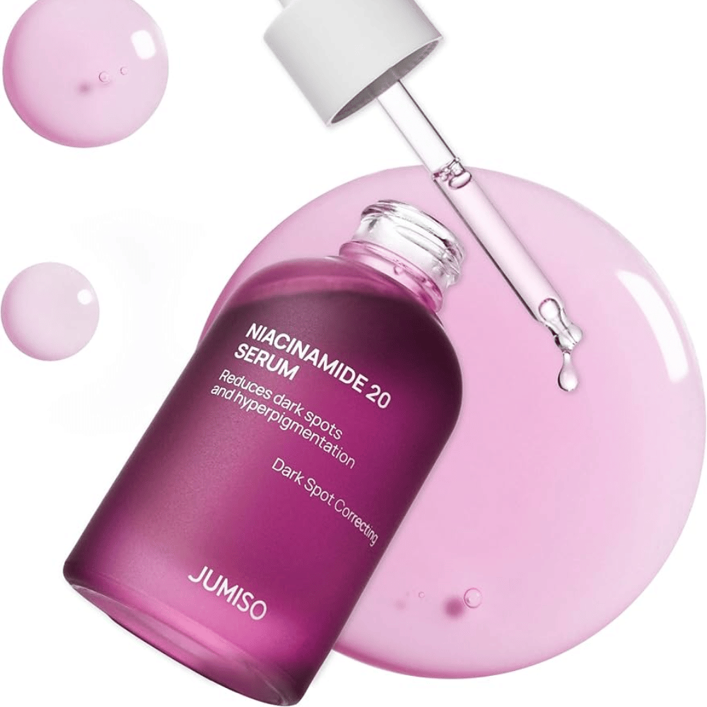 Lähikuva Jumiso Niacinamide 20 Serum – vaaleanpunainen koostumus, joka tehokkaasti kirkastaa ihonsävyä ja vähentää hyperpigmentaatiota.
