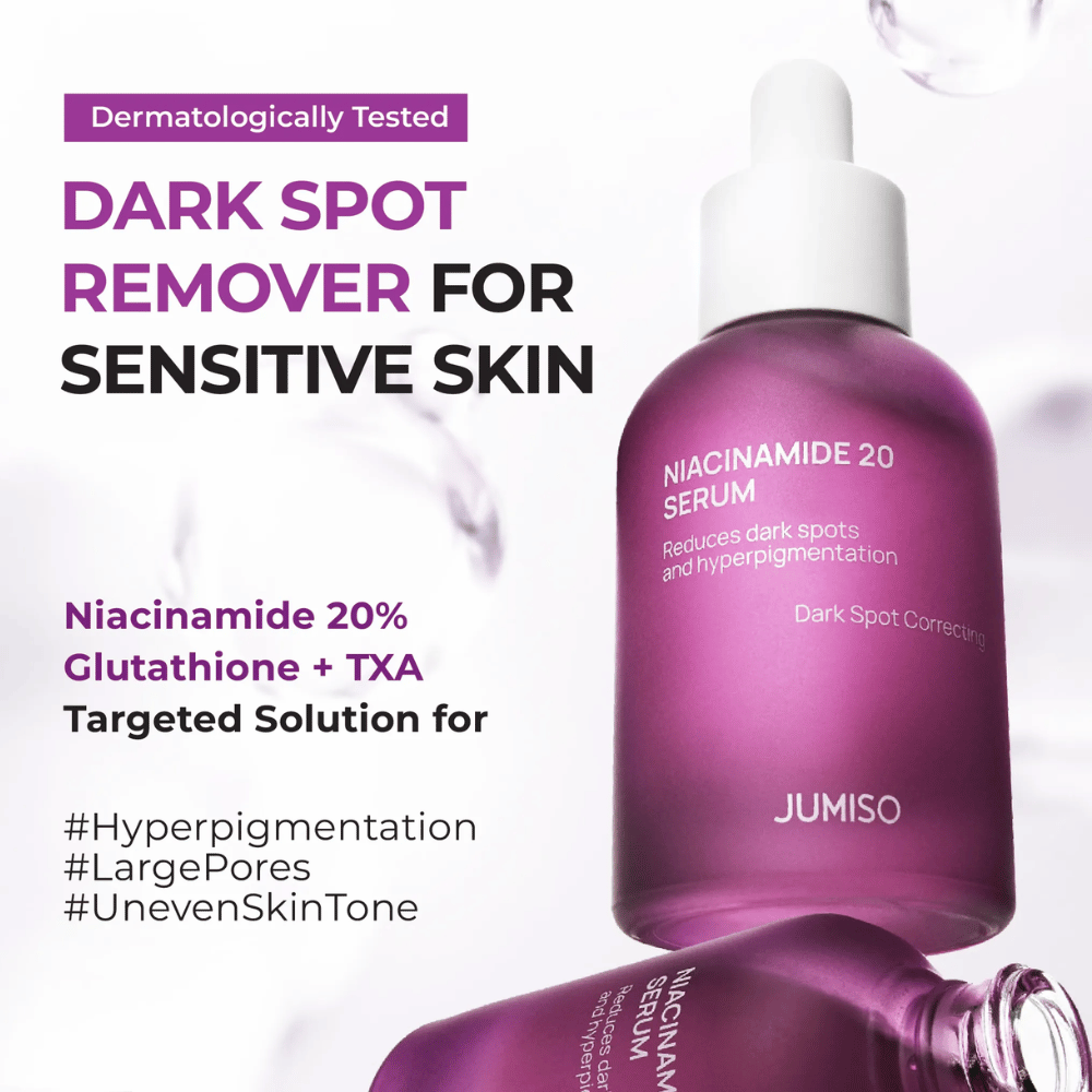Jumiso Niacinamide 20 Serum – voimakas seerumi, jossa on 20 % niasiiniamidia, glutationia ja TXA:ta, joka vähentää tummia läiskiä ja hyperpigmentaatiota, sopii myös herkälle iholle.