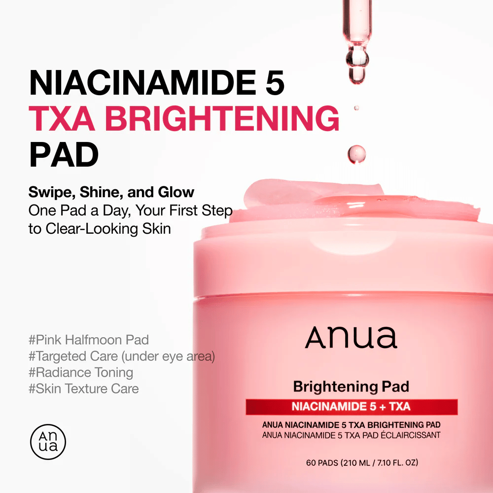 Vaaleanpunainen purkki Anua Niacinamide 5 TXA Brightening Pad -tuotteella ja puolipyöreillä tyynyillä, teksti korostaa hehkua, tasaisempaa ihonsävyä ja kohdennettua hoitoa niasiinamidilla ja traneksaamihapolla.