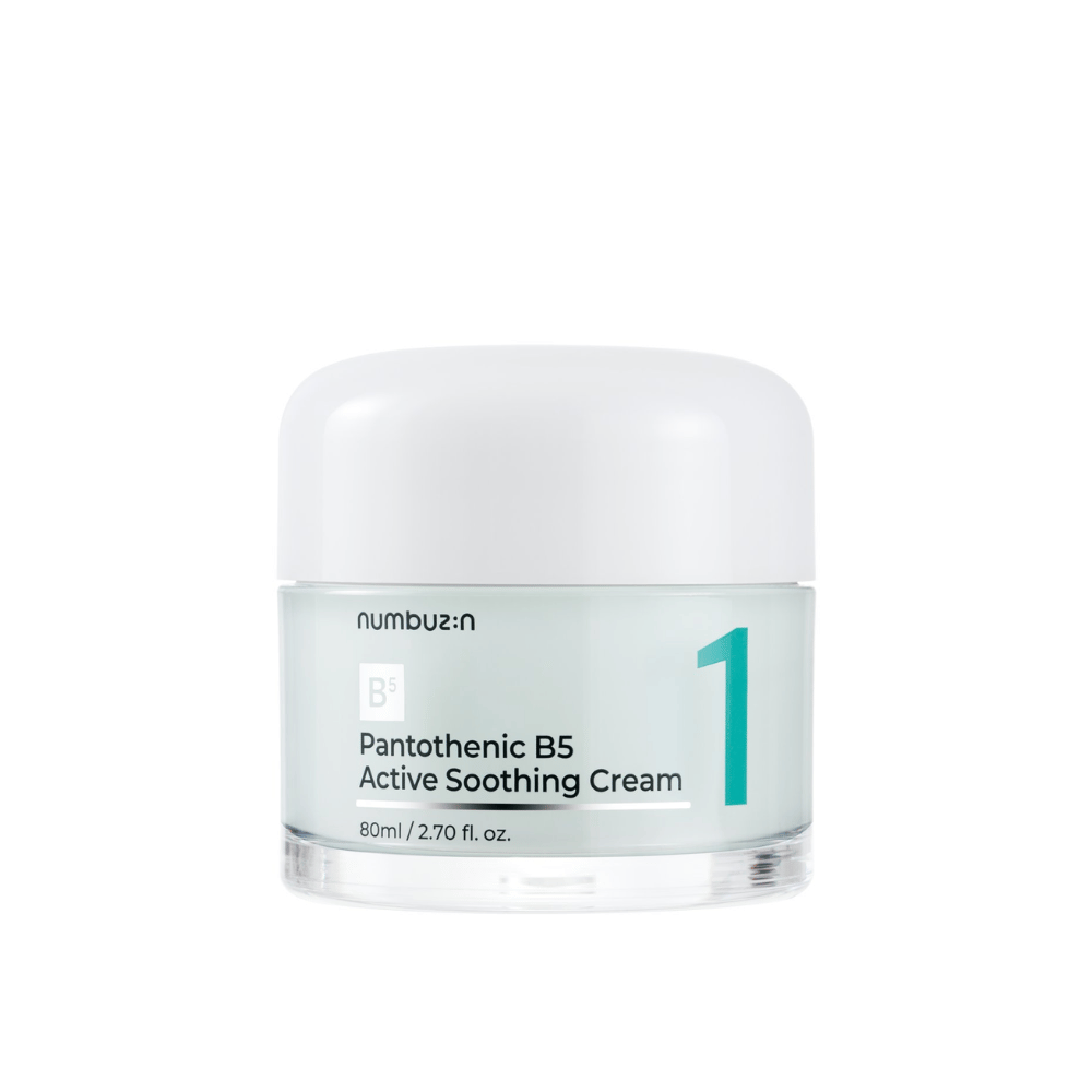 Numbuzin No.1 Pantothenic B5 Active Soothing Cream 80 ml vaaleanvihreässä purkissa, jossa on valkoinen kansi ja selkeä numero 1 painettuna etupuolelle.