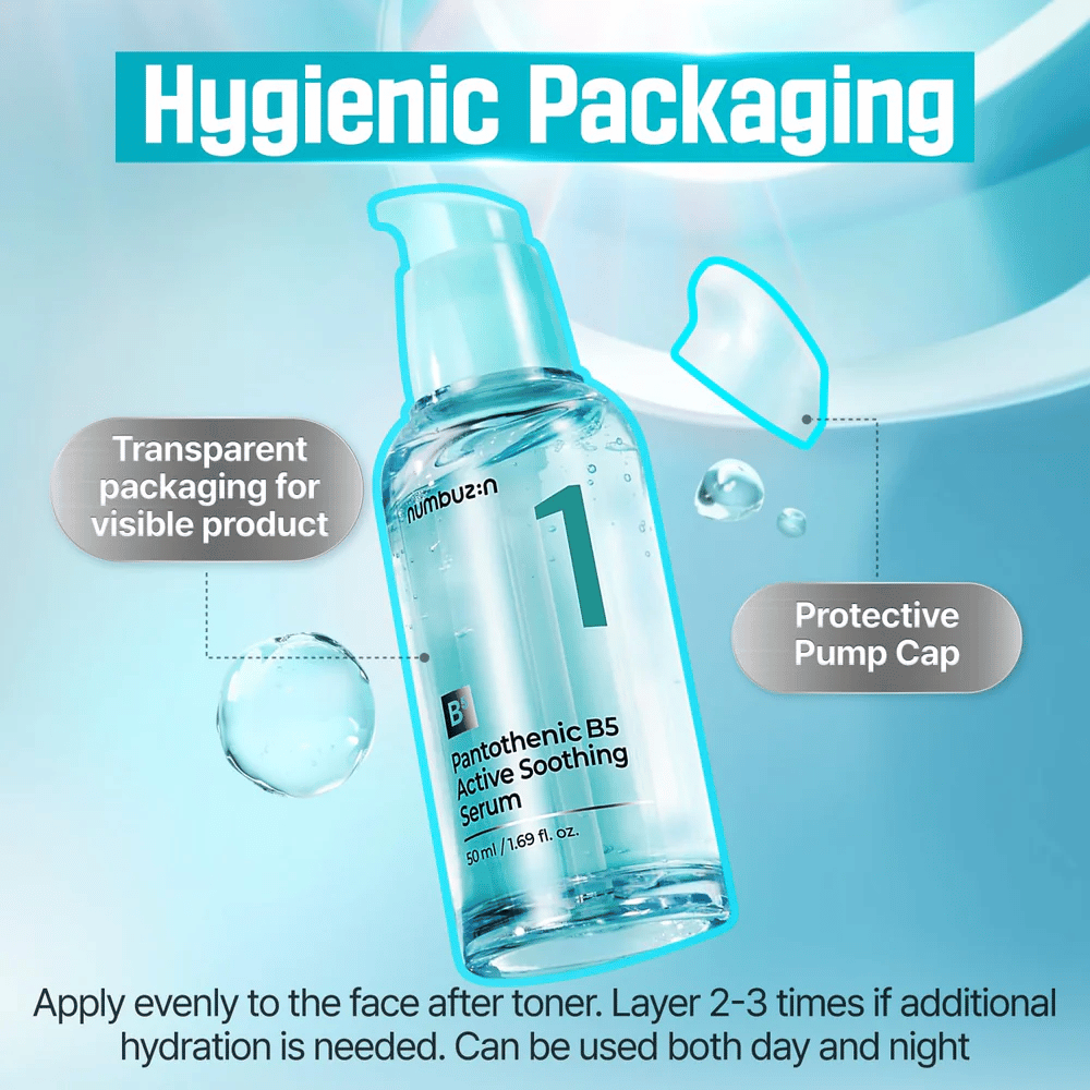 numbuzin No.1 Pantothenic B5 Active Soothing Serum 50 ml – rauhoittava B5-seerumi hygieenisellä pumpulla ja läpinäkyvällä pullolla aknealtis iho