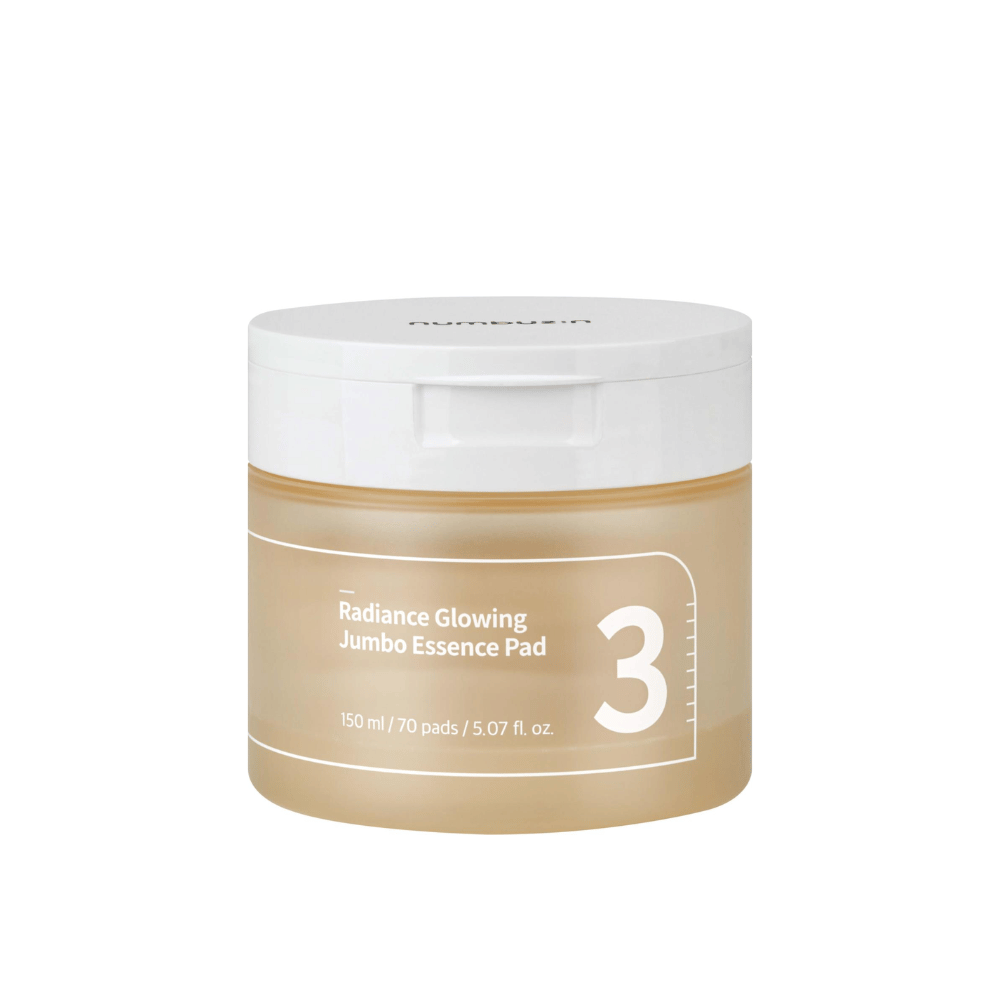 Tuotekuva suljetusta purkista, jossa on numbuzin No. 3 Radiance Glowing Jumbo Essence Pad, 150 ml / 70 tyynyä.