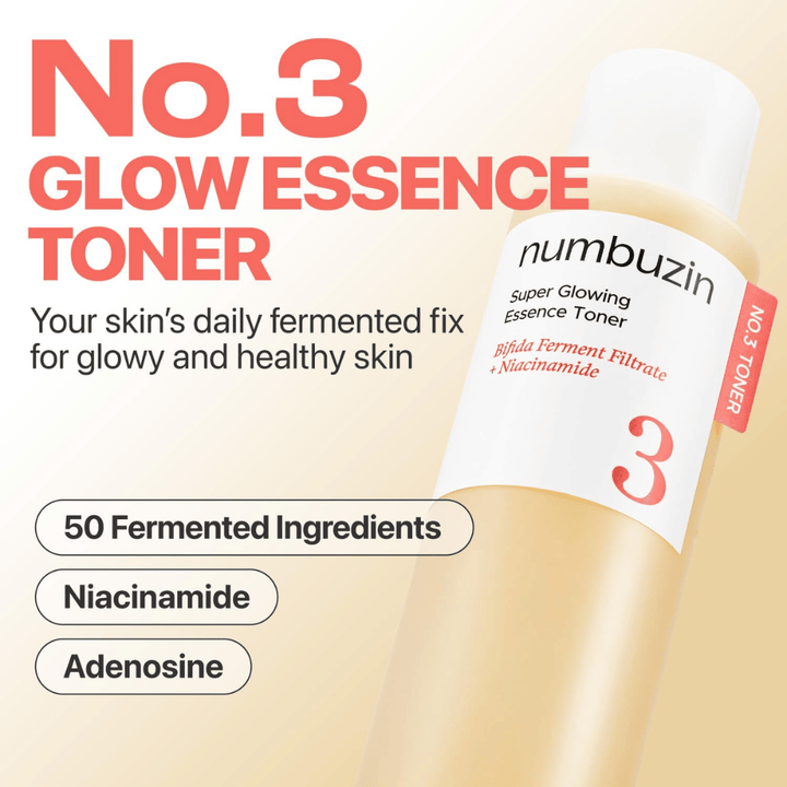 Numbuzin No.3 Glow Essence Toner – päivittäinen fermentoitu essenssi terveelle, kosteutetulle ja säteilevälle iholle.