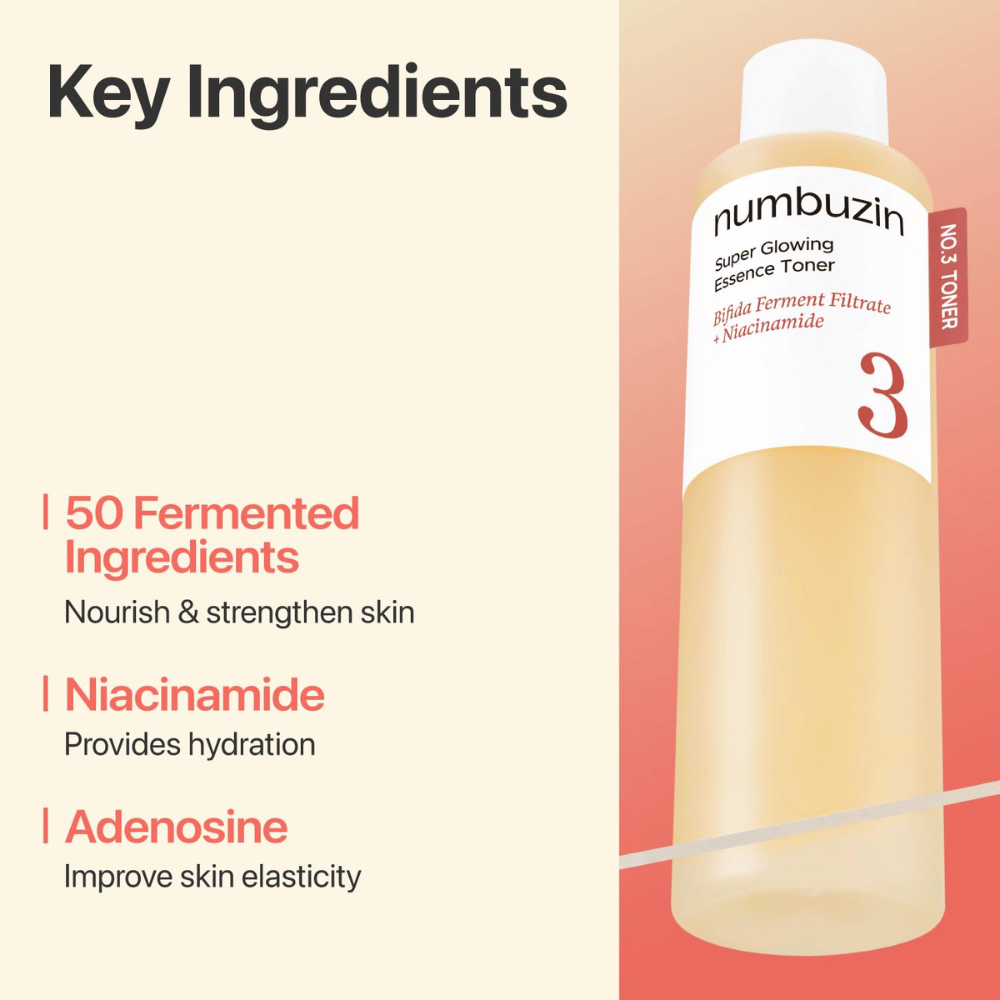 Numbuzin No.3 Toner sisältää 50 fermentoitua ainesosaa, niasiiniamidia ja adenosiinia, jotka vahvistavat ja kosteuttavat ihoa.