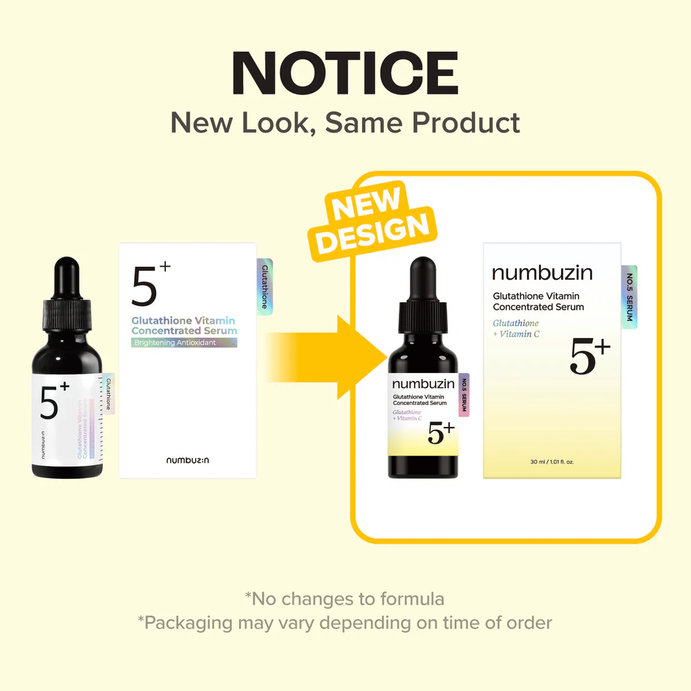 numbuzin No.5+ Glutathione Vitamin Concentrated Serum uudessa pakkausmuotoilussa – sama koostumus hehkua ja tasaisempaa ihonsävyä varten.