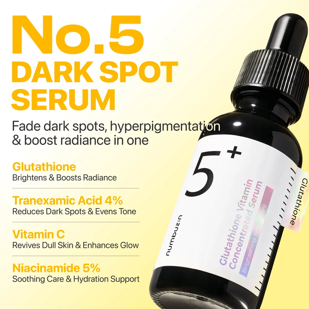 numbuzin No.5+ Glutathione Vitamin Concentrated Serum – hehkua antava seerumi, jossa on glutationia, traneksaamihappoa, C-vitamiinia ja 5 % niasiiniamidia.