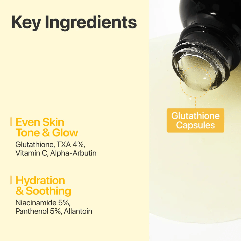 numbuzin No.5+ Glutathione Vitamin Concentrated Serum glutationilla, 4 % traneksaamihapolla, C-vitamiinilla, alfa-arbutiinilla, niasiiniamidilla ja pantenolilla.