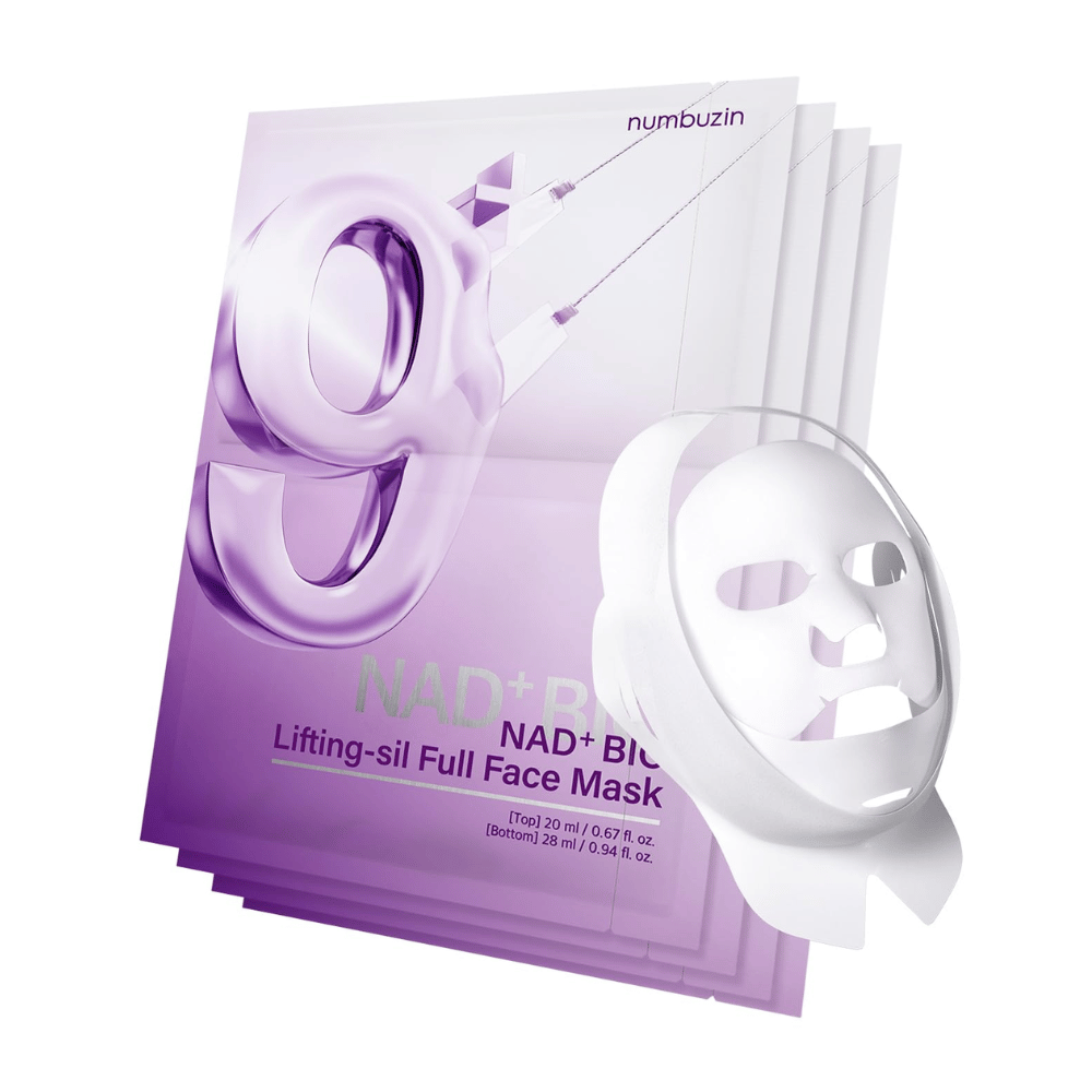 Pakkaus No.9 NAD Bio Lifting -naamioita, mukaan lukien läpinäkyvästä materiaalista valmistettu koko kasvonaamio ja pakkaus, joka näyttää tuotteen käytön kasvojenkohotukseen.