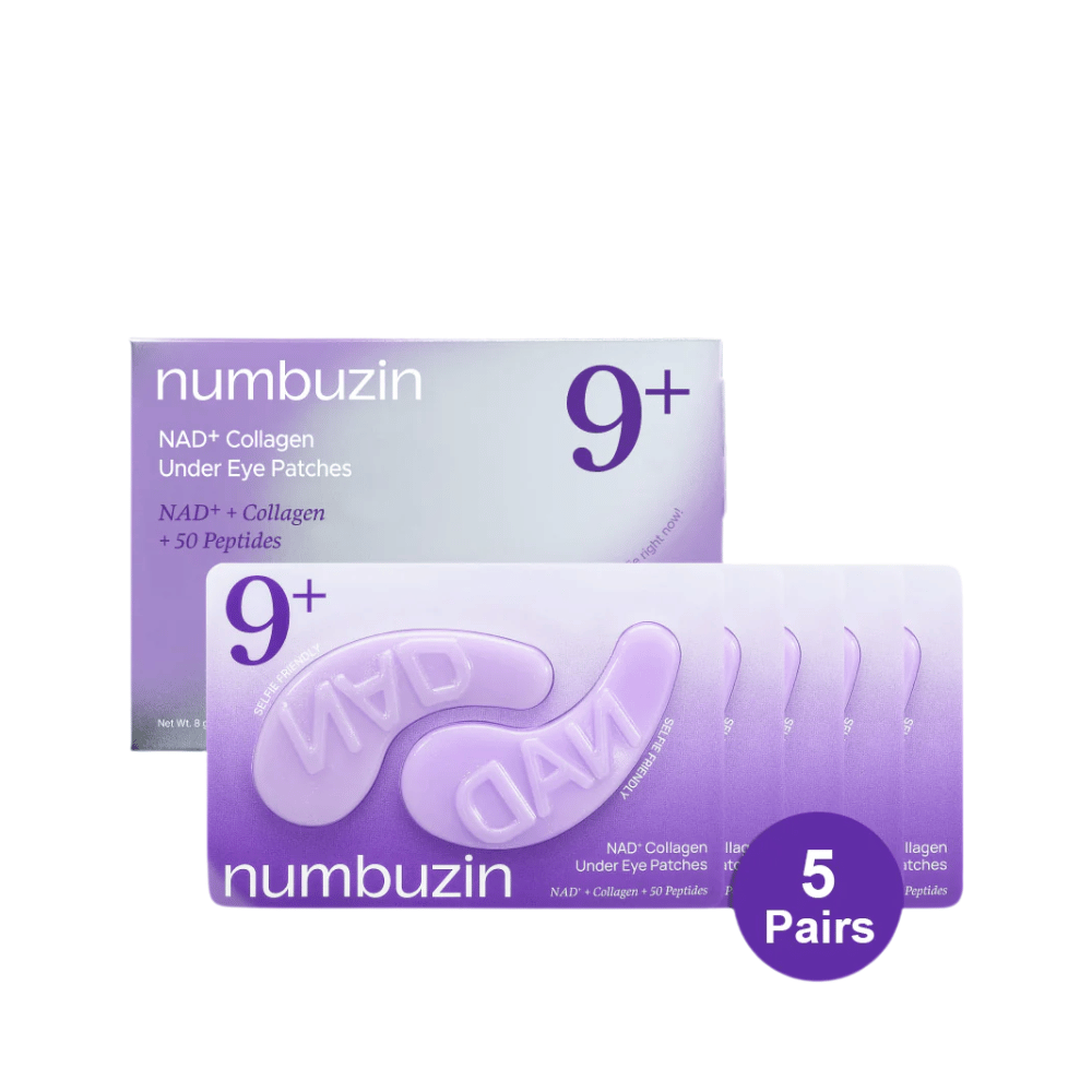 Pakkaus numbuzen No.9 NAD+ Collagen Under Eye Patches – 5 paria kollageenirikkaita tyynyjä, joissa on NAD+ ja peptidejä.