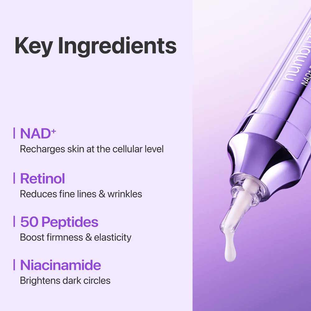 Tärkeimmät ainesosat No.9 NAD+ Retinol Volumetox Eye Cream, NAD+, retinoli, 50 peptidiä ja niasiiniamidi, jotka auttavat vahvistamaan ihoa ja vähentämään hienoja juonteita.