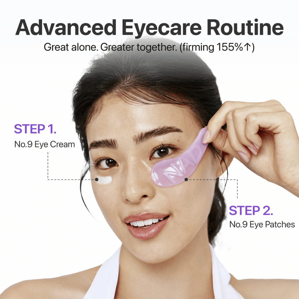 Numbuzen No.9 NAD+ Collagen Eye Patchin levitys askel askeleelta silmänhoitorutiinissa kiinteämmän ja virkeämmän ihon saamiseksi.
