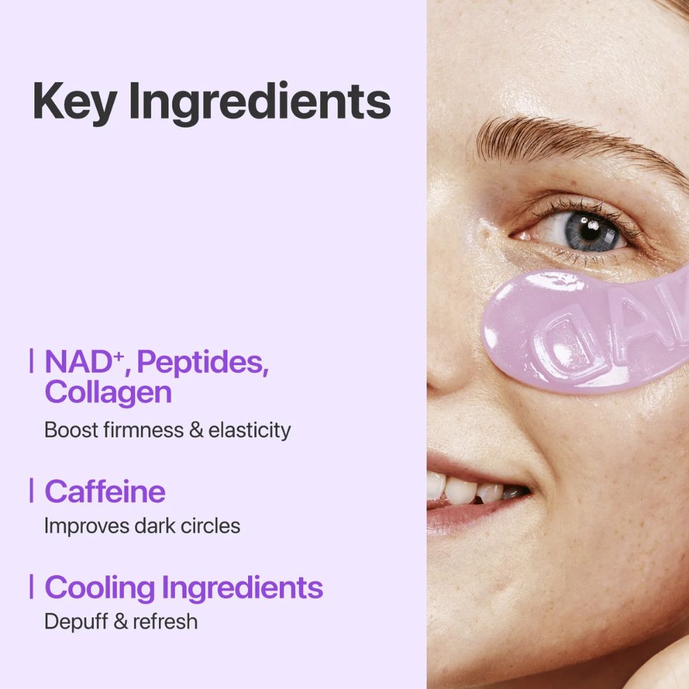 Lähikuva numbuzen No.9 NAD+ Collagen Eye Patchista – sisältää NAD+, kollageenia ja peptidejä, jotka vahvistavat ja kosteuttavat silmänympärysihoa.