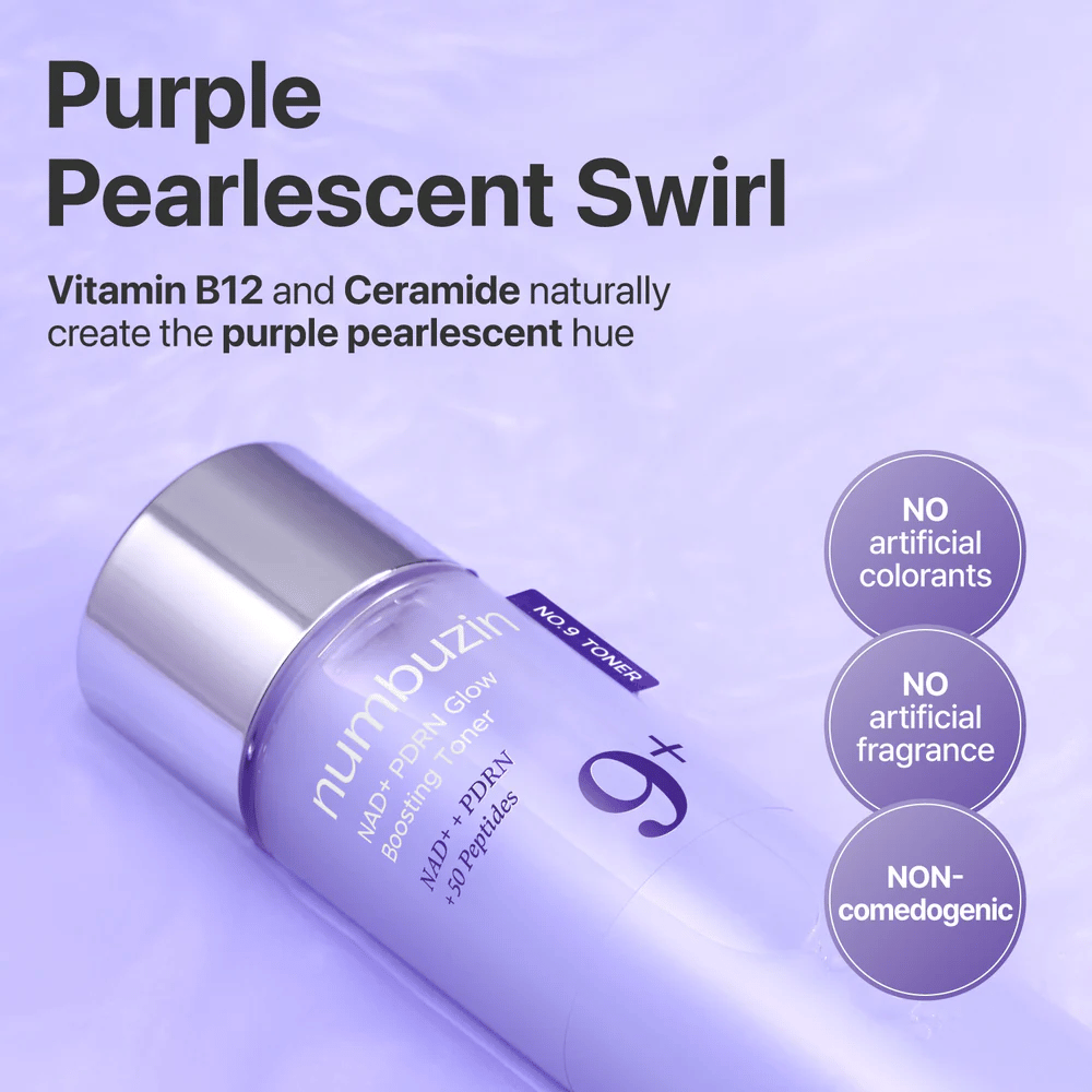 Lähikuva Numbuzin No.9 Tonerista tekstillä ”Purple Pearlescent Swirl”. Sisältää vitamiinia B12 ja keramidia, ilman keinotekoisia väriaineita tai tuoksuja.