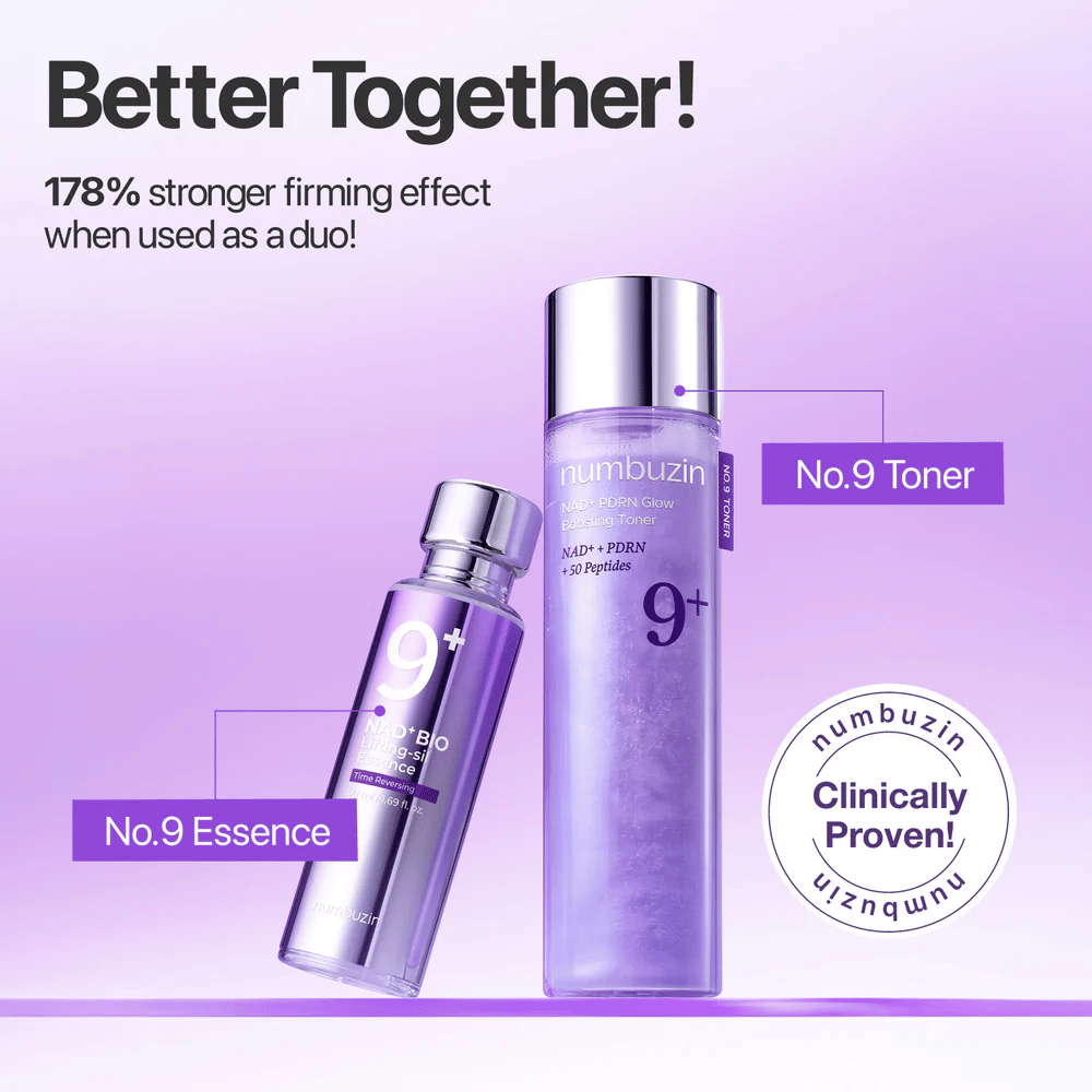 Numbuzin No.9 Toner ja Essence näytetään yhdessä violetissa sävyssä. Teksti: ”Parempi yhdessä – 178% vahvempi kiinteyttävä vaikutus, kun niitä käytetään yhdessä.”