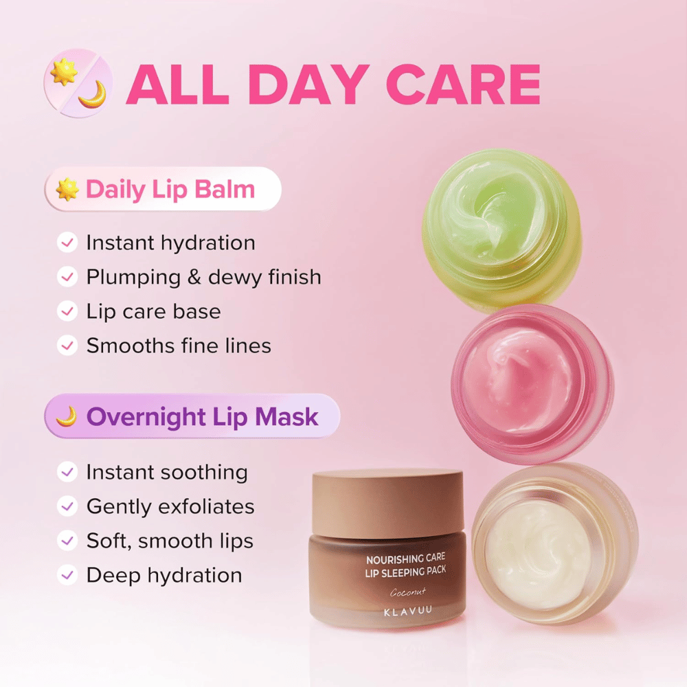 KLAVUU Nourishing Care Lip Sleeping Pack Coconutia voidaan käyttää huulivoiteena päivällä tai intensiivisenä huulinaamiona yön yli pehmeiden huulten saamiseksi.