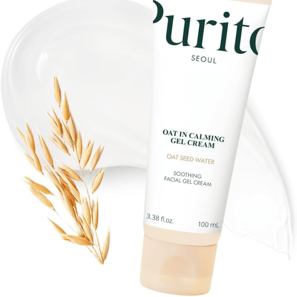 Purito Oat-In Calming Gel Cream kauralla ja voiteen rakenteella. Kosteuttava geelivoide Oat Seed Waterilla pehmeälle, tasapainoiselle iholle.