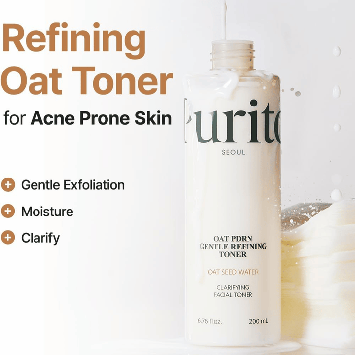 Purito Oat PDRN Gentle Refining Toner 200 ml – mieto kuoriva toner, joka kosteuttaa, kirkastaa ja tasapainottaa akneen taipuvaista ihoa
