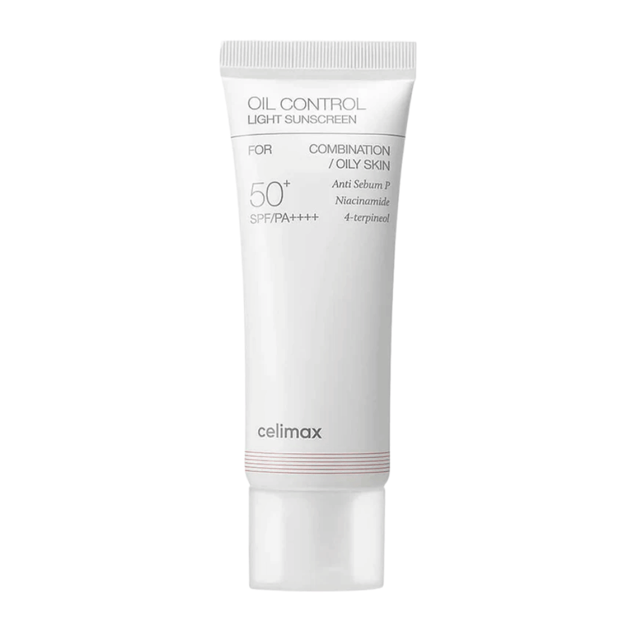 Celimax Oil Control Light Sunscreen SPF 50+ PA++++ tuotekuva, jossa painotus on koostumuksessa ja ainesosissa, kuten niasiiniamidissa, talinerityksen hallintaan ja tasaisempaan ihonsävyyn