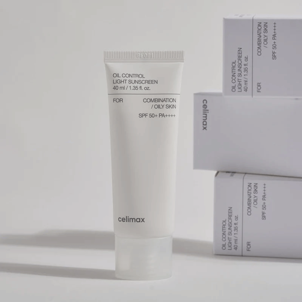 Celimax Oil Control Light Sunscreen SPF 50+ PA++++ minimalistisesti muotoillussa tuubissa, aurinkosuoja yhdistelmä- ja rasvaiselle iholle, joka hallitsee talineritystä ja antaa mattapinnan