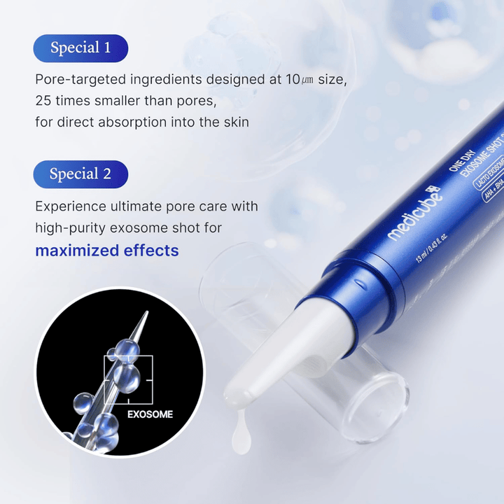 Medicube One Day Exosome Shot Pore Ampoule 25000 eksosomeilla, jotka parantavat imeytymistä, minimoivat huokosia ja tarjoavat intensiivistä ihonhoitoa
