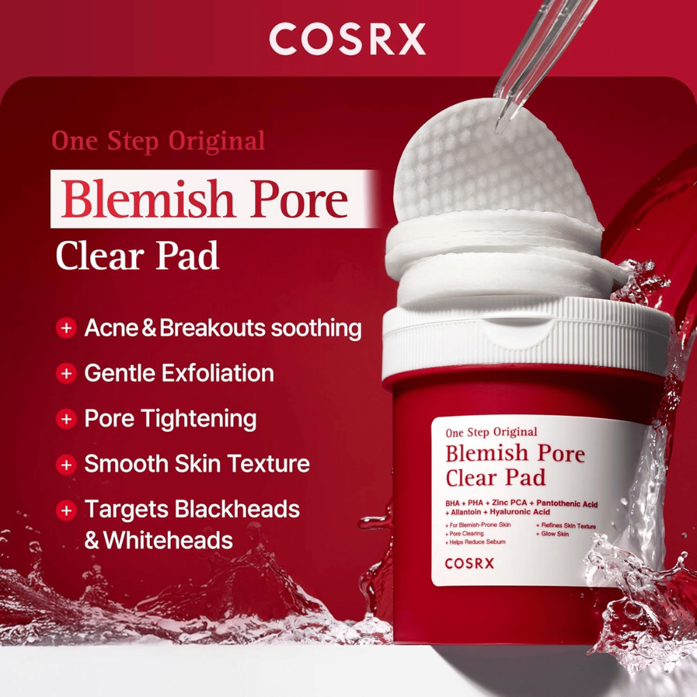 Tuotekuva tuotteesta COSRX One Step Original Blemish Pore Clear Pad, jossa keskitytään kuorintaan, ihohuokosten hienosäätöön ja akneen taipuvaisen ihon hoitoon.