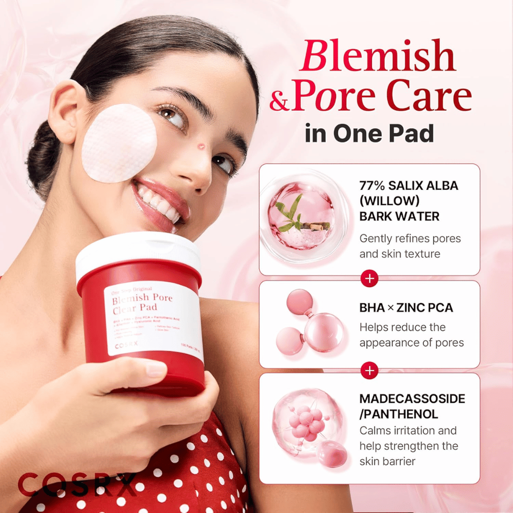 Tuotekuva, jossa on malli ja ainesosafokus tuotteelle COSRX One Step Original Blemish Pore Clear Pad, sisältäen willow bark wateria, BHA:ta, Zinc PCA:ta ja madecassosidea.