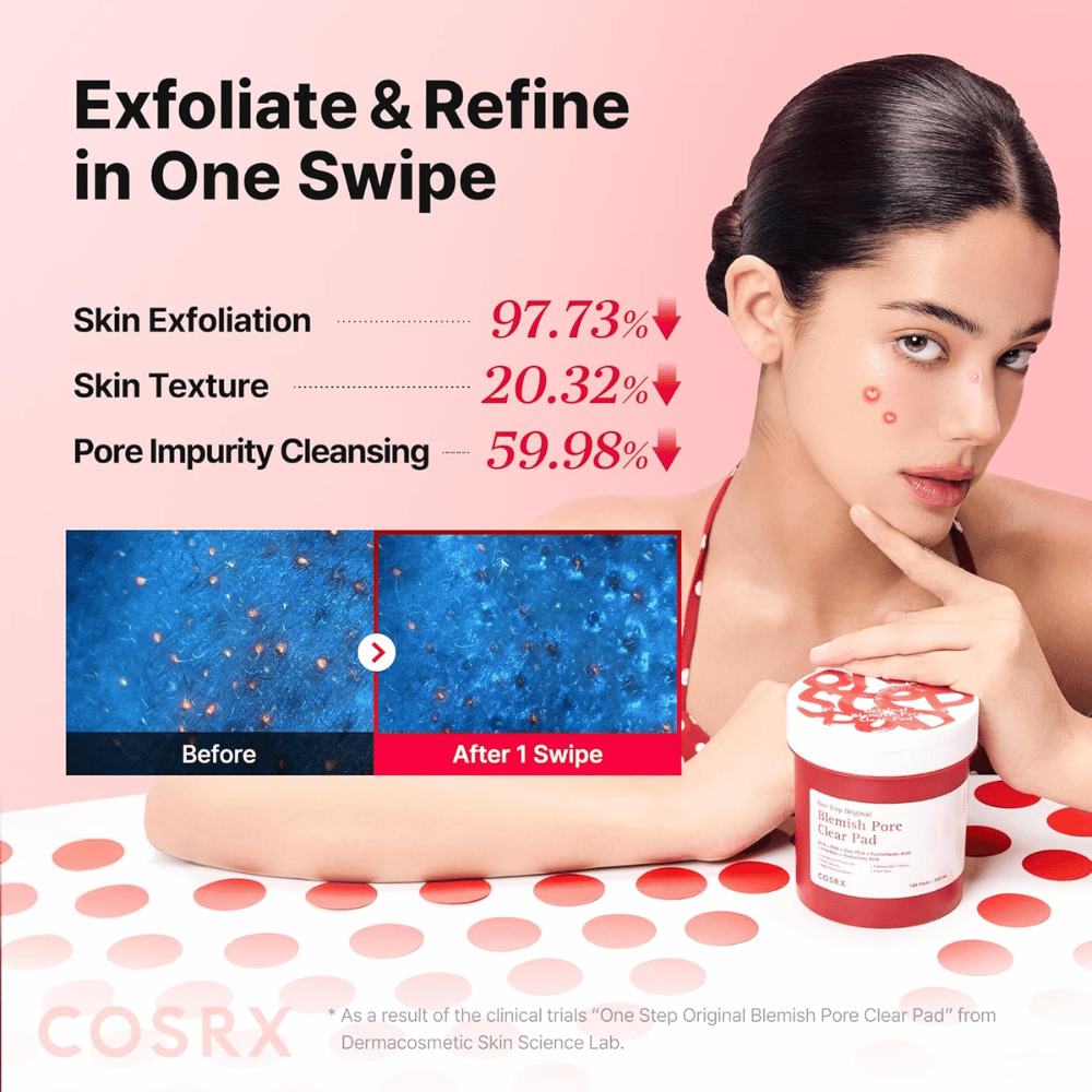 Kampanjakuva tuotteelle COSRX One Step Original Blemish Pore Clear Pad, joka näyttää kuorivan vaikutuksen ja ihohuokosten puhdistumisen jo yhden käyttökerran jälkeen.