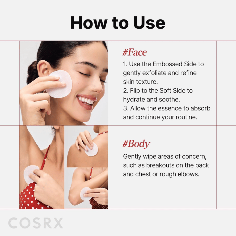 Ohjekuva, joka näyttää kuinka tuotetta COSRX One Step Original Blemish Pore Clear Pad käytetään kasvoilla ja vartalolla kuorintaan ja hoitoon.