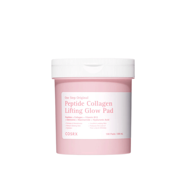 Frilangoitu tuotekuva tuotteesta COSRX One Step Original Peptide Collagen Lifting Glow Pad vaaleanpunaisessa pakkauksessa vaaleaa taustaa vasten.
