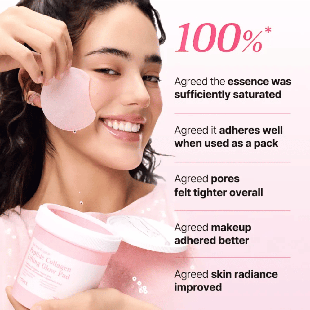 Malli käyttää tuotetta COSRX Peptide Collagen Lifting Glow Pad, keskittyen kosteutukseen, hehkuun ja parantuneeseen ihon elastisuuteen.