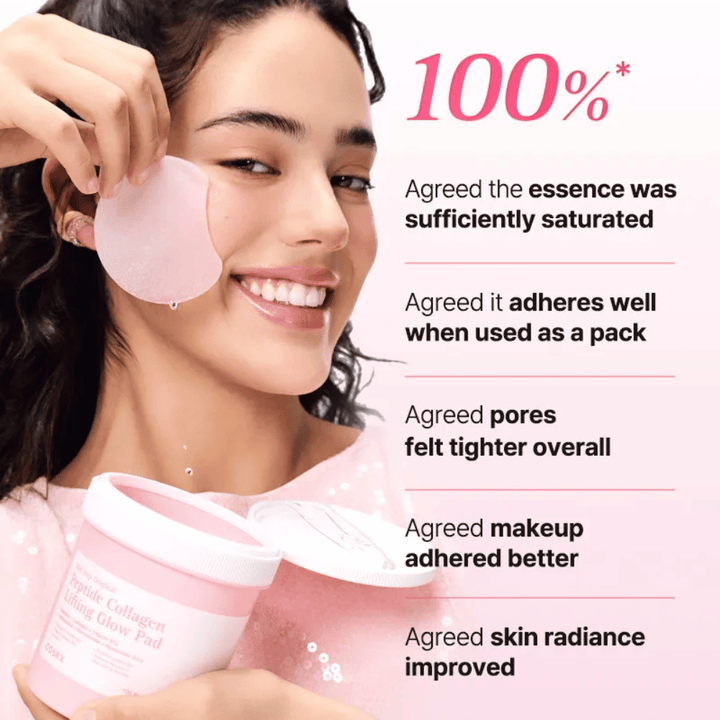 Malli käyttää tuotetta COSRX Peptide Collagen Lifting Glow Pad, keskittyen kosteutukseen, hehkuun ja parantuneeseen ihon elastisuuteen.